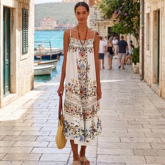 FARM Rio Dresses & Skirts - Farm Rio Stitched Garden Print Tie Shoulder Dress